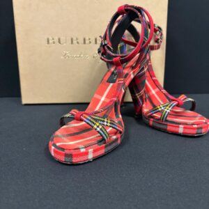 Burberry Checkered Tartan Motif Cone Heel Wool Sandals